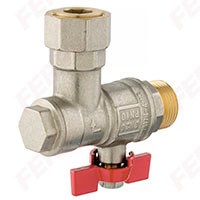 Angle ball valve with butterfly placed under the body and with filter, check valve and 3/4 half-union, female-male