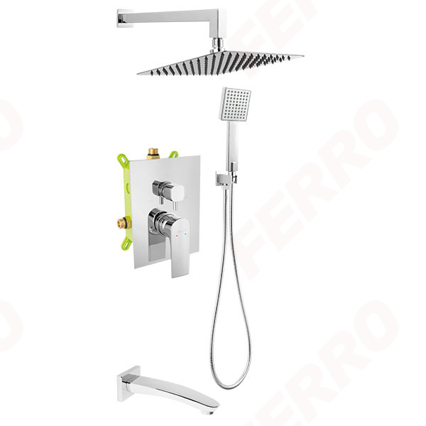 Algeo Square - Sistem de dus 5 in 1 baterie dus ingropata cu caseta de montaj, cap dus fix si para dus mobila, crom