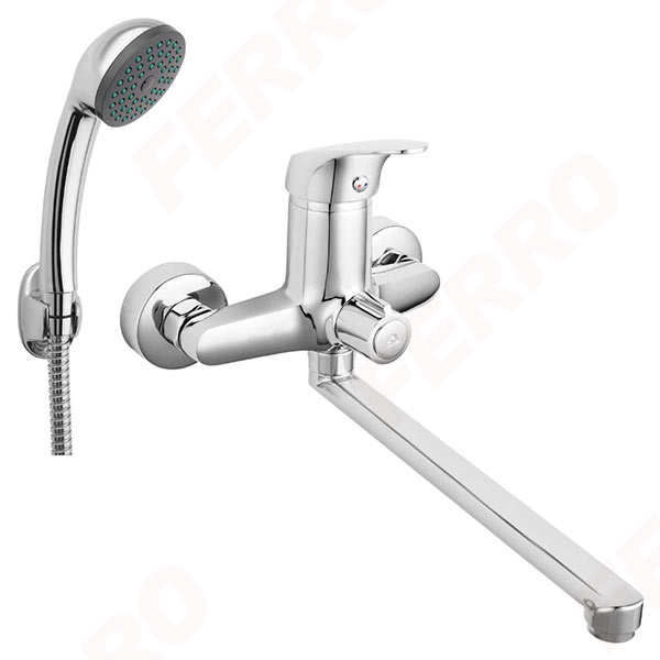 Combo - Baterie perete cada-dus cu pipa pivotanta, 19,2 cm, si set de dus inclus, crom