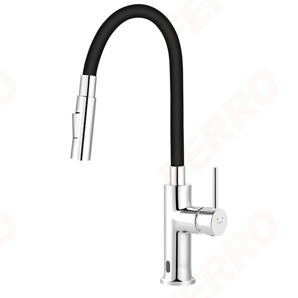 Distanza - Sink sensor mixer with flexible spout and 2-function aerator, black/chrome