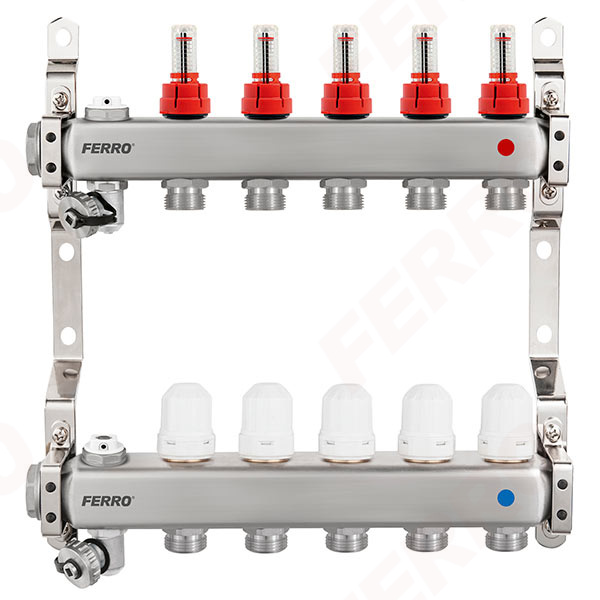 F-Comfort - Stainless steel manifold with thermostatic valves, flow meter, manual air vent, drain valve and stainless steel plug