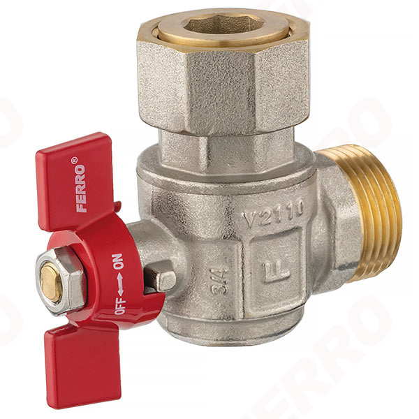 Angle ball valve with butterfly and 3/4 half-union, female-male