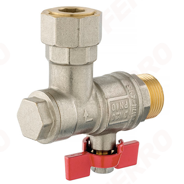 Angle ball valve with butterfly placed under the body and with filter, check valve and half-union, female-male