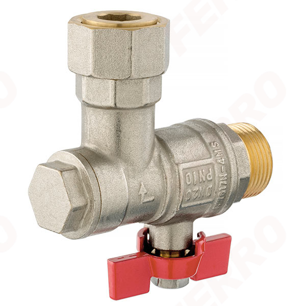 Angle ball valve with butterfly placed under the body and with filter, check valve and 3/4 half-union, female-male