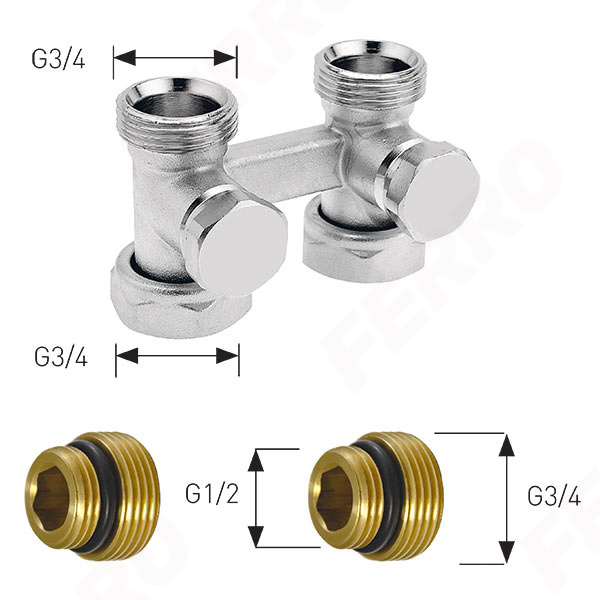 Double valve for bottom connected radiators, straight