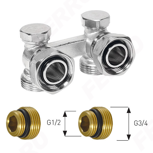 Double valve for bottom connected radiators, angle
