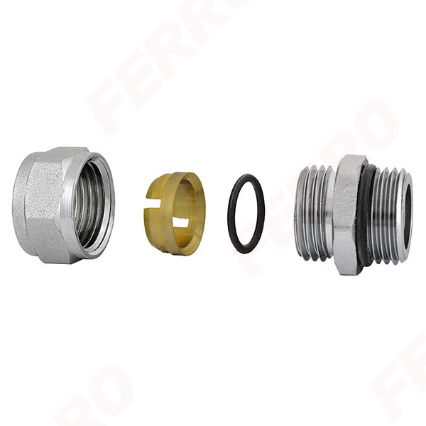 Compression fitting with 1/2” male thread, with O-ring, for 15 mm copper pipes