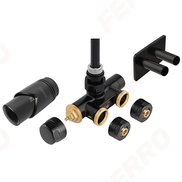 Set robinet radiator decorativ dublu integrat, termostatic cu presetare, manson de imersie si cap termostatic, negru
