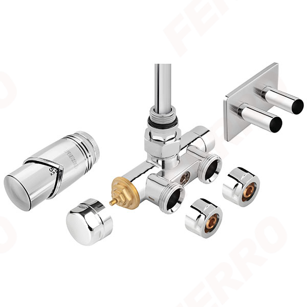 Set robinet radiator decorativ dublu integrat, termostatic cu presetare, manson de imersie si cap termostatic, crom