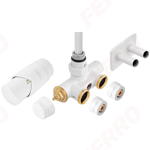 Set robinet radiator decorativ dublu integrat, termostatic cu presetare, manson de imersie si cap termostatic, alb
