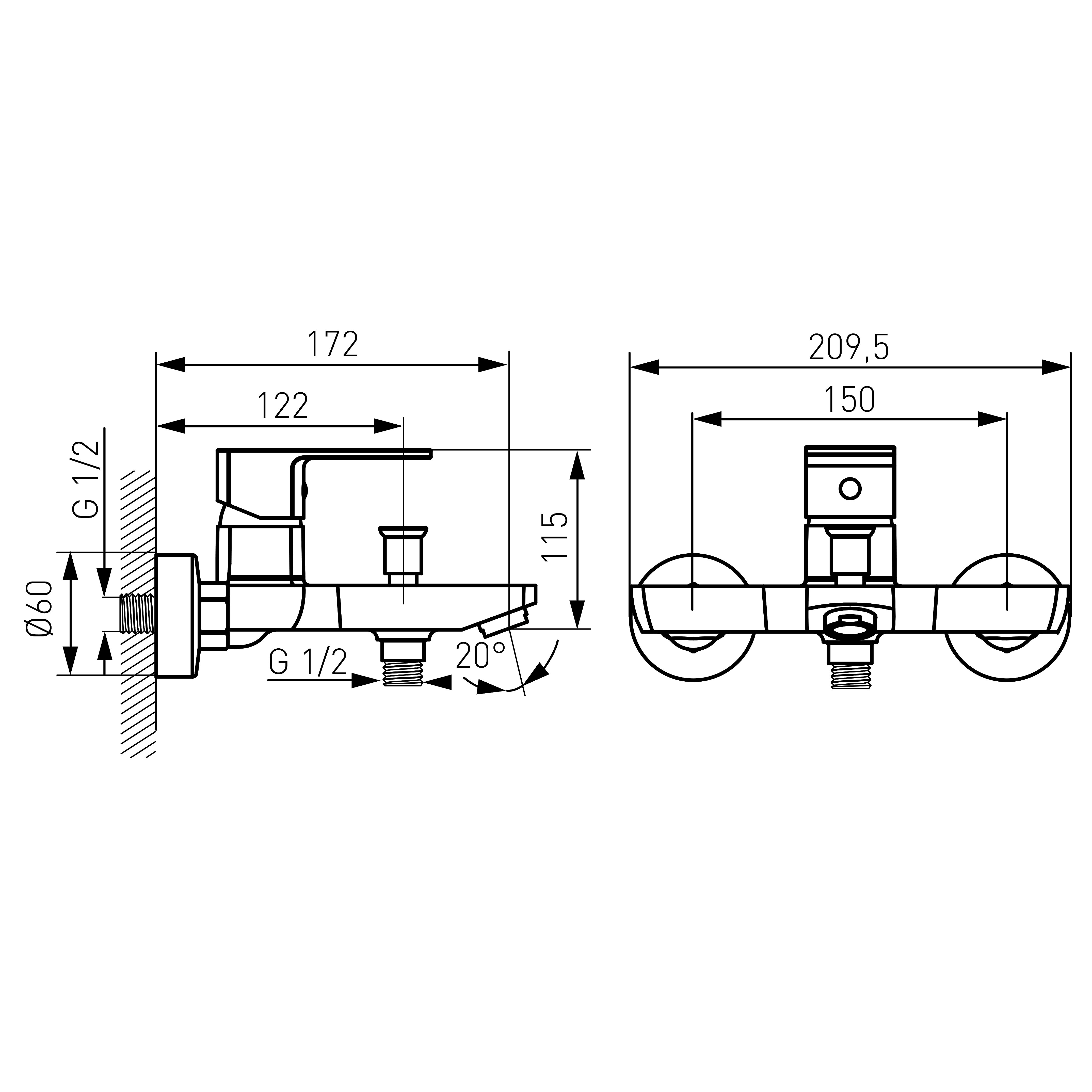 Alba Verdeline - Wall-mounted bath mixer, chrome
