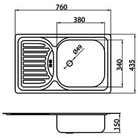 Single bowl sink 43,5x76 cm, smooth