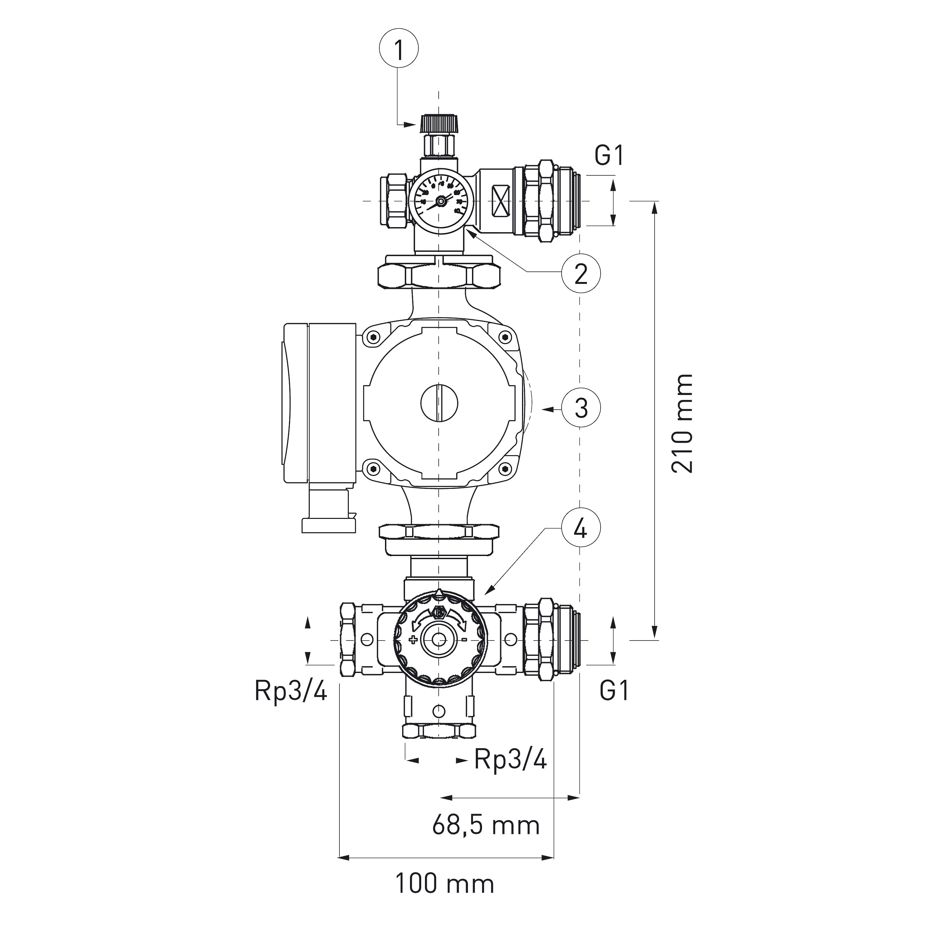 смесителна грума за подово отопление 1" с електронна помпа 25-40-130, Kv 2,4 м3/h