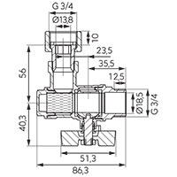 Angle ball valve with butterfly placed under the body and 3/4 half-union, female-male