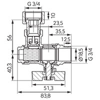 Angle ball valve with butterfly placed under the body and with filter, check valve and 3/4 half-union, female-male