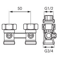 Double valve for bottom connected radiators, straight