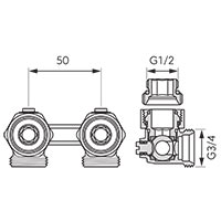 Double valve for bottom connected radiators, angle