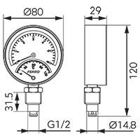 Термоманометр радиальный Ø 80 мм, 0-6 бар, 0-120˚, ½”, в коробке