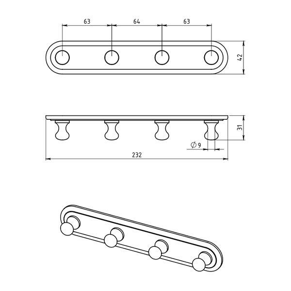 Metalia 1 - four way hook 235 mm x 40 mm