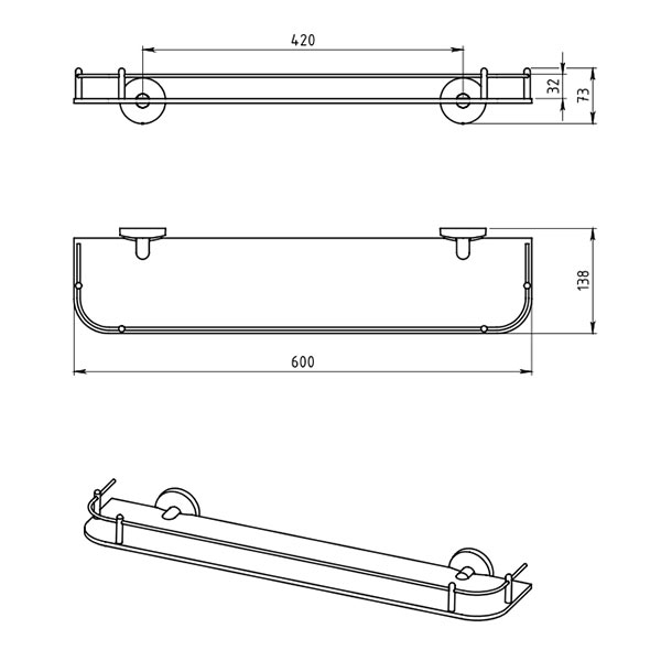 Metalia 1 - glass shelf with railling – 600 mm