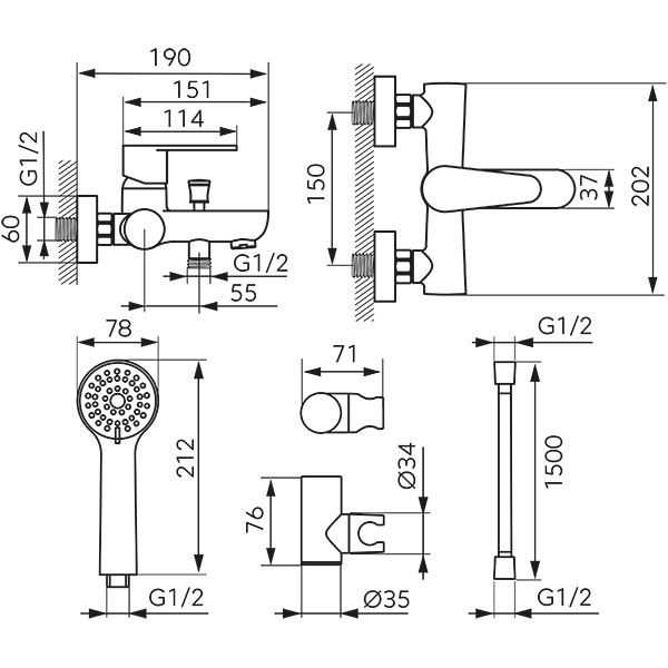 Algeo - Wall-mounted bath mixer with a switch in the spout, chrome