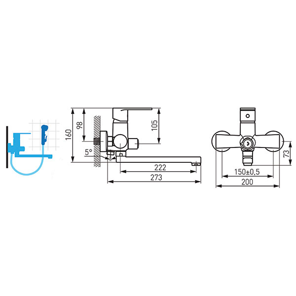 Algeo - Wall-mounted bath tub mixer with shower connection, chrome