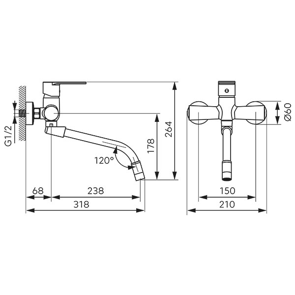 Algeo - Wall-mounted sink mixer with flexible spout, chrome