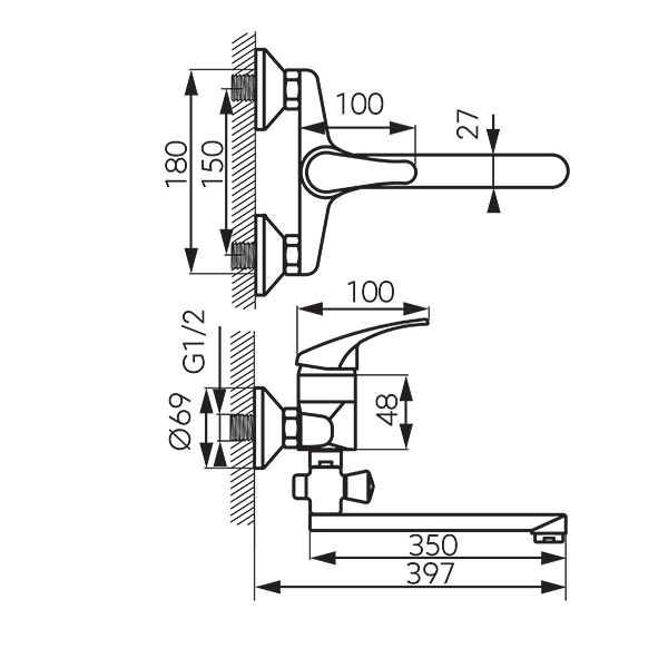 Basic - Wall-mounted bathtub/washbasin mixer with shower connection, chrome