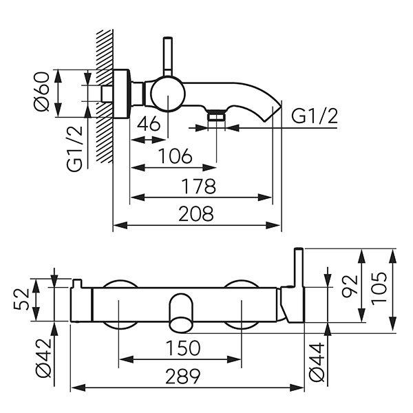 Shower set with wall-mounted bath mixer, chrome