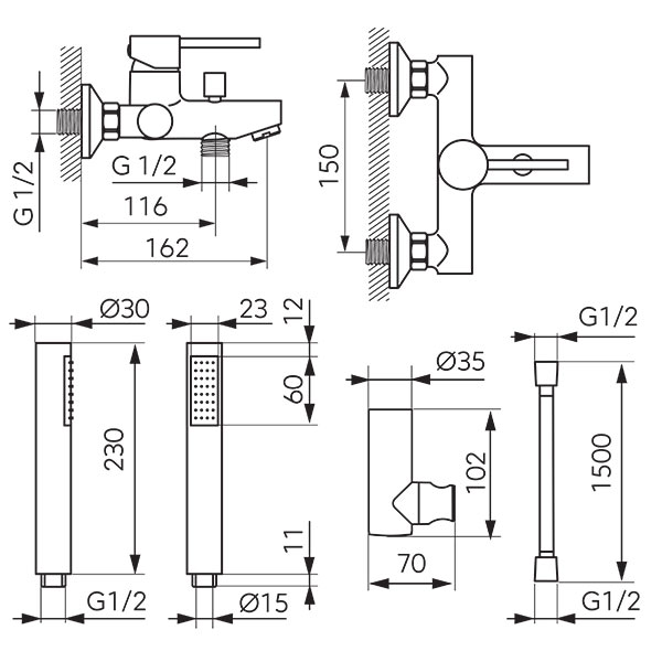 Fiesta - Wall-mounted bath mixer with a switch in the spout, chrome