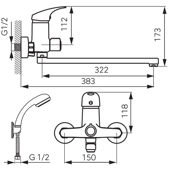 Ferro One - Wall-mounted bathtub/wasbasin mixer with shower connection, chrome