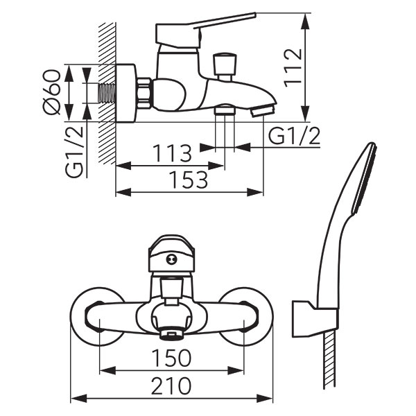 Isso - Wall-mounted bath mixer, chrome
