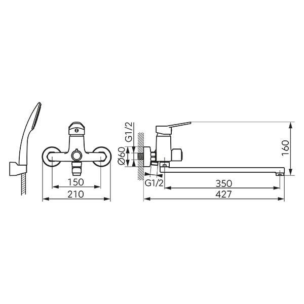 Isso - Wall-mounted bathtub/wasbasin mixer with shower connection, chrome
