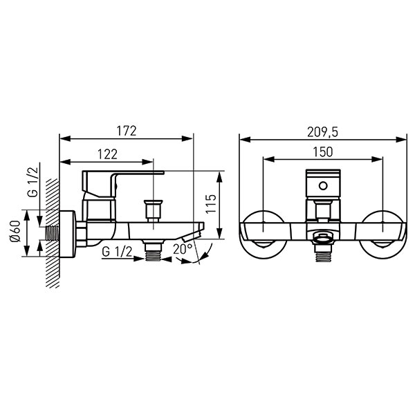 Alba Verdeline - Wall-mounted bath mixer, chrome