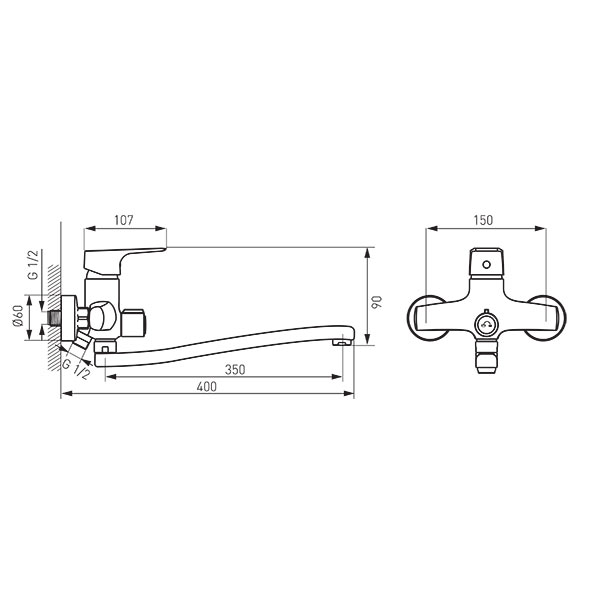 Tiga - wall mounted bath / washbasin mixer with ceramic shower switch