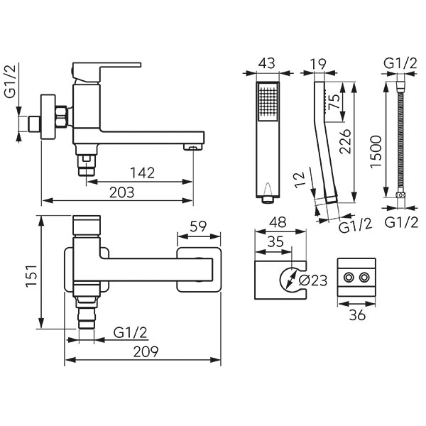 Zicco - Wall-mounted bath mixer with a switch in the spout