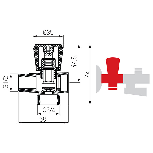 Robinet coltar cu 3 cai 1/2”x3/4”x1/2”