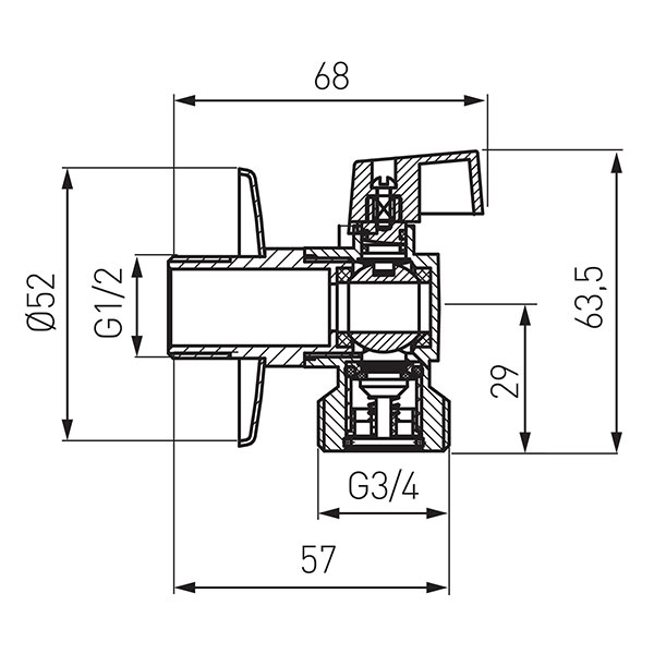 1/2” x 3/4” ball valve with rosette and aluminium handle