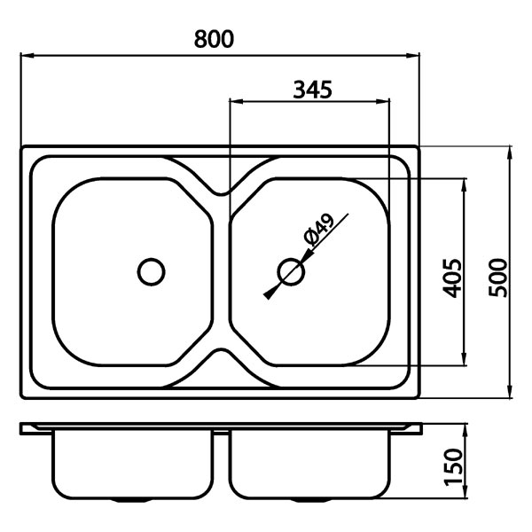 Double bowl sink 50x80 cm, smooth