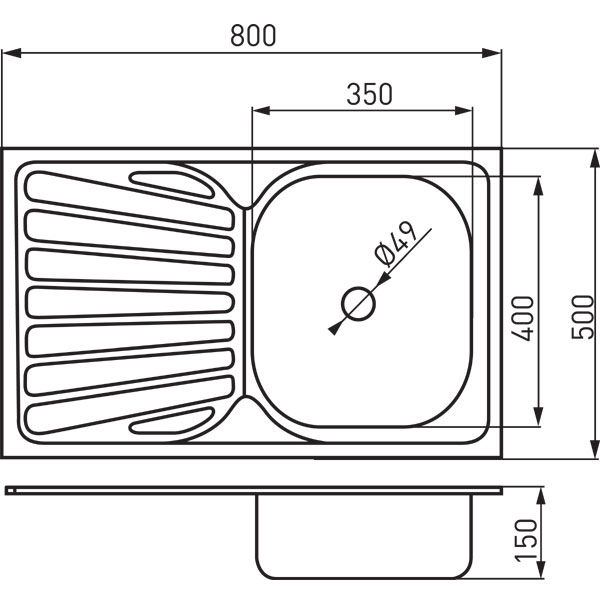 Single bowl sink 50x80 cm, smooth