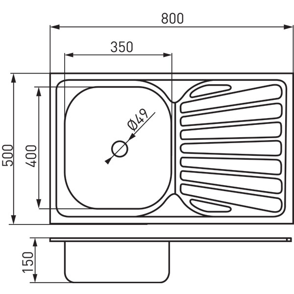 Single bowl sink 50x80 cm, smooth