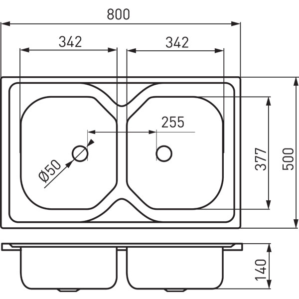 Double bowl sink 50x80 cm, smooth