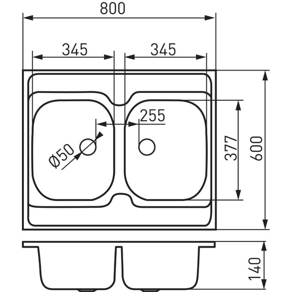 Double bowl sink 60x80 cm, smooth