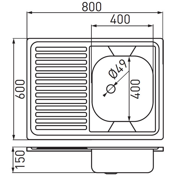 Single bowl sink 60x80 cm, smooth