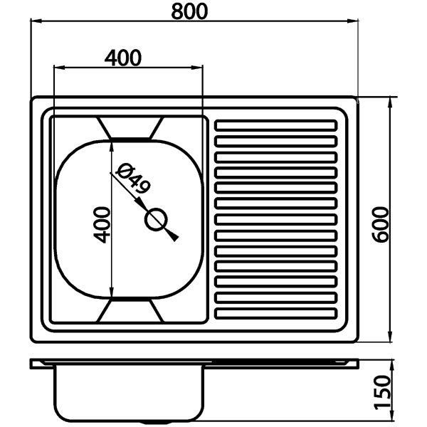 Single bowl sink 60x80 cm, smooth