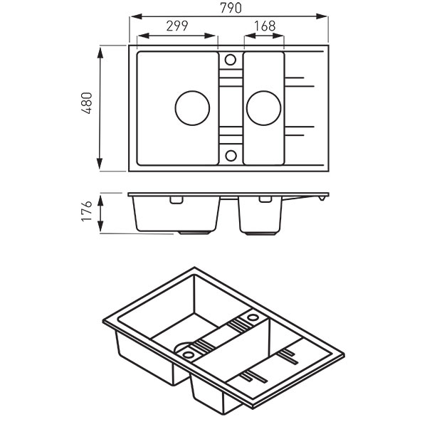 Mezzo II - Double kitchen sink 79x48 cm, grey