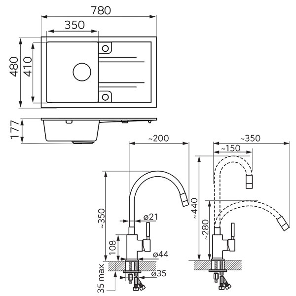 Granite sink set DRGM48/78GA + kitchen mixer BZA4S