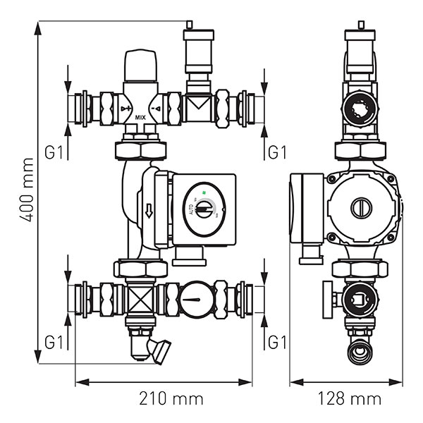 Dvofunkcionalna miješajuća grupa, s trosmjernim termostatskim ventilom, s elektroničkom pumpom 25-6-130