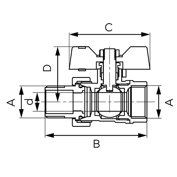 F-Comfort - Ball valve with union and butterfly, male-female