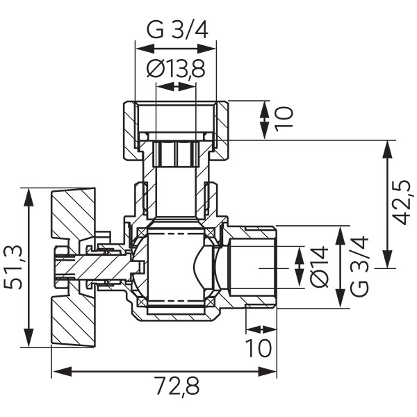 Angle ball valve with butterfly and 3/4 half-union, female-male